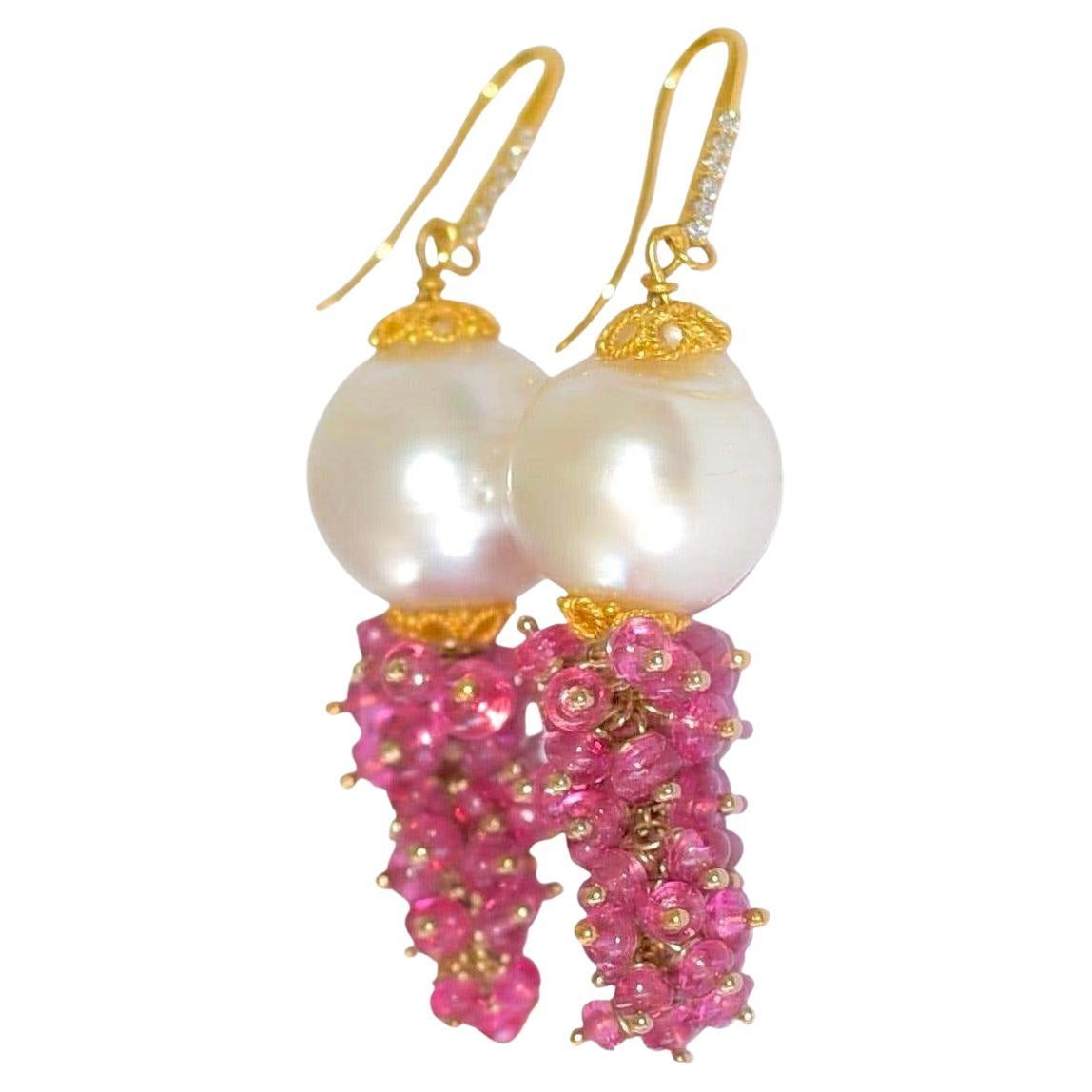Neon Hot Pink Burmese Jedi Spinel, South Sea Pearl Earrings in 14K Solid Gold For Sale