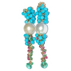 Sleeping Beauty Turquoise, South Sea Pearl, Emerald, Ruby Earrings in 14K Gold