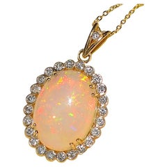 14k Solid Yellow Gold 3.76CT Oval Shape Natural Opal 0.49CT Diamond Necklace