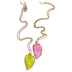 Collar de oro amarillo macizo de 14 quilates con turmalina rosa o verde tallada (¡No es un conjunto!)