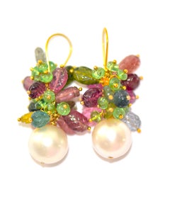 Multi-colored Tourmaline, Tsavorite Garnet, South Sea Pearl Earrings in 18K Gold