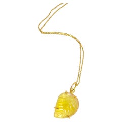 14 K Solid Yellow Gold Carved Yellow Tourmaline Leaf Pendant Charm Necklace.