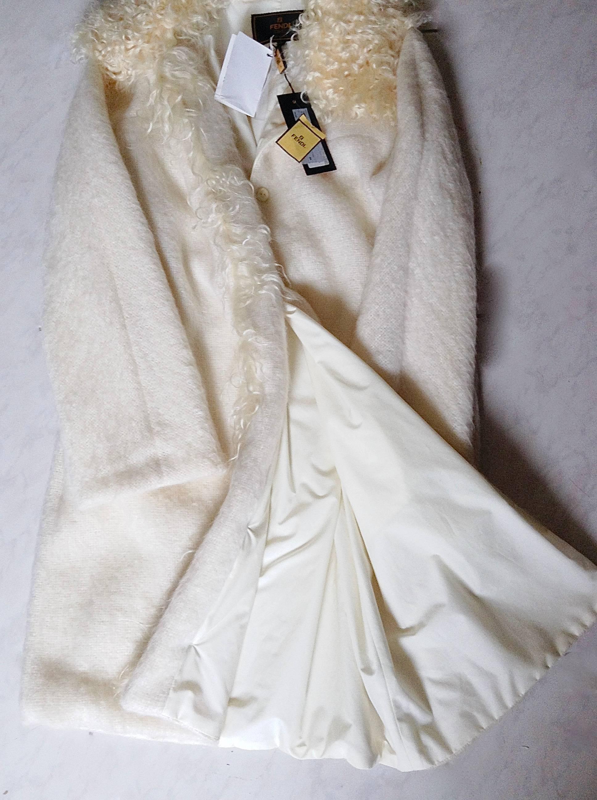 NWT FENDI ✿*ﾟNEW Shimmering Mongolian Fur Mohair Wool Cotton Lining Long Coat For Sale 2