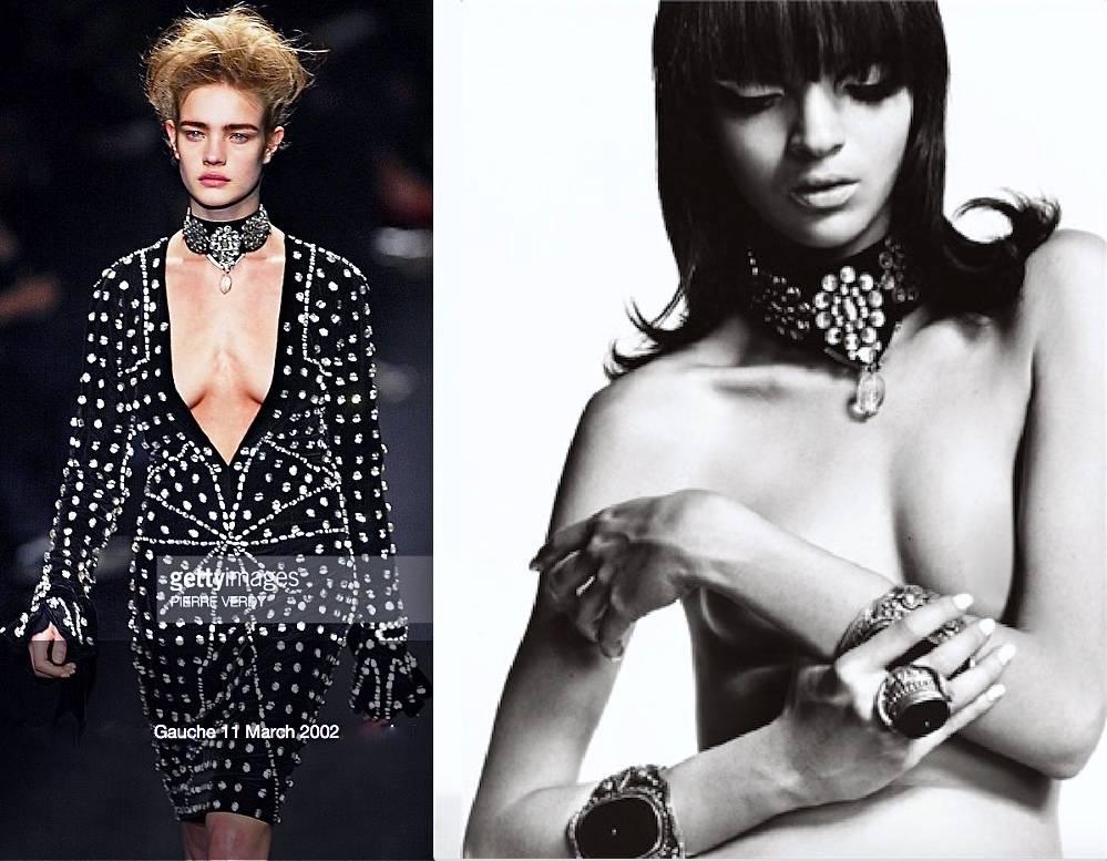 Yves Saint Laurent Runway rock crystals statement piece from Mughal collection by Tom Ford in 2002. Presented by model Natalia Vodianova. The necklace you are viewing is the identical one which Natalia presents. Designed with an extra velvet ribbon