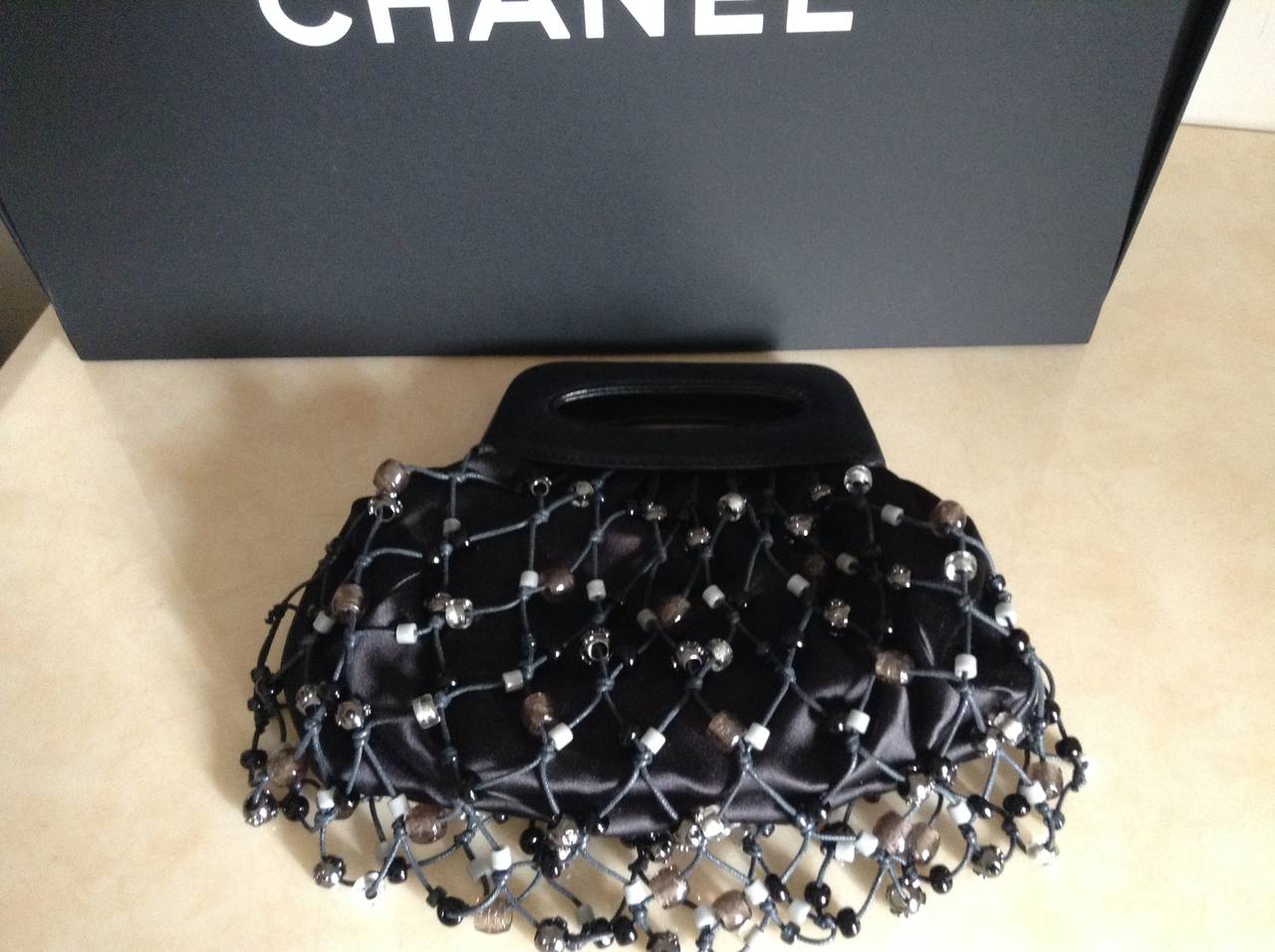 Women's Chanel  Metal Glass Beads Black Satin Clutch Bag For Sale