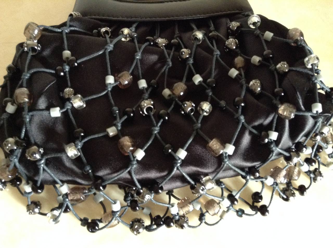 Chanel  Metal Glass Beads Black Satin Clutch Bag For Sale 1