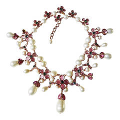 Vintage ✿*ﾟ95P Chanel Gripoix Glass Flower Oversized Teardrop Pearl Necklace