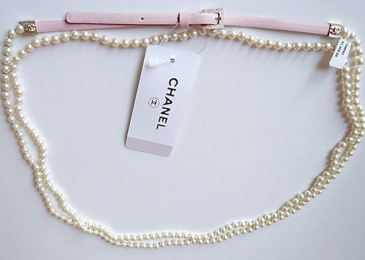 NIB CHANEL ✿*ﾟ13C Gouble Strand Pearl Pink Leather Belt L, 90/36 In New Condition For Sale In KAOHSIUNG, TW