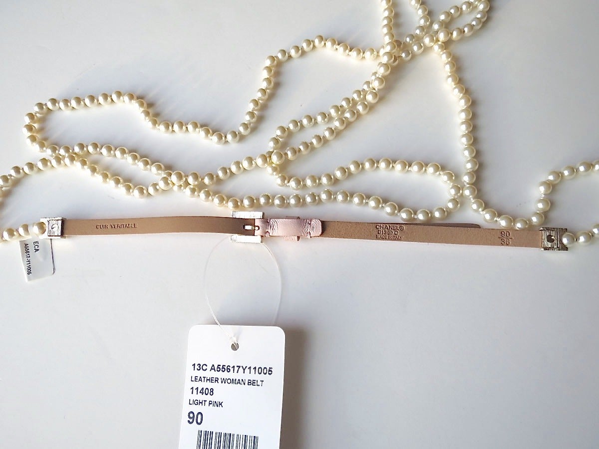 Women's NIB CHANEL ✿*ﾟ13C Gouble Strand Pearl Pink Leather Belt L, 90/36 For Sale