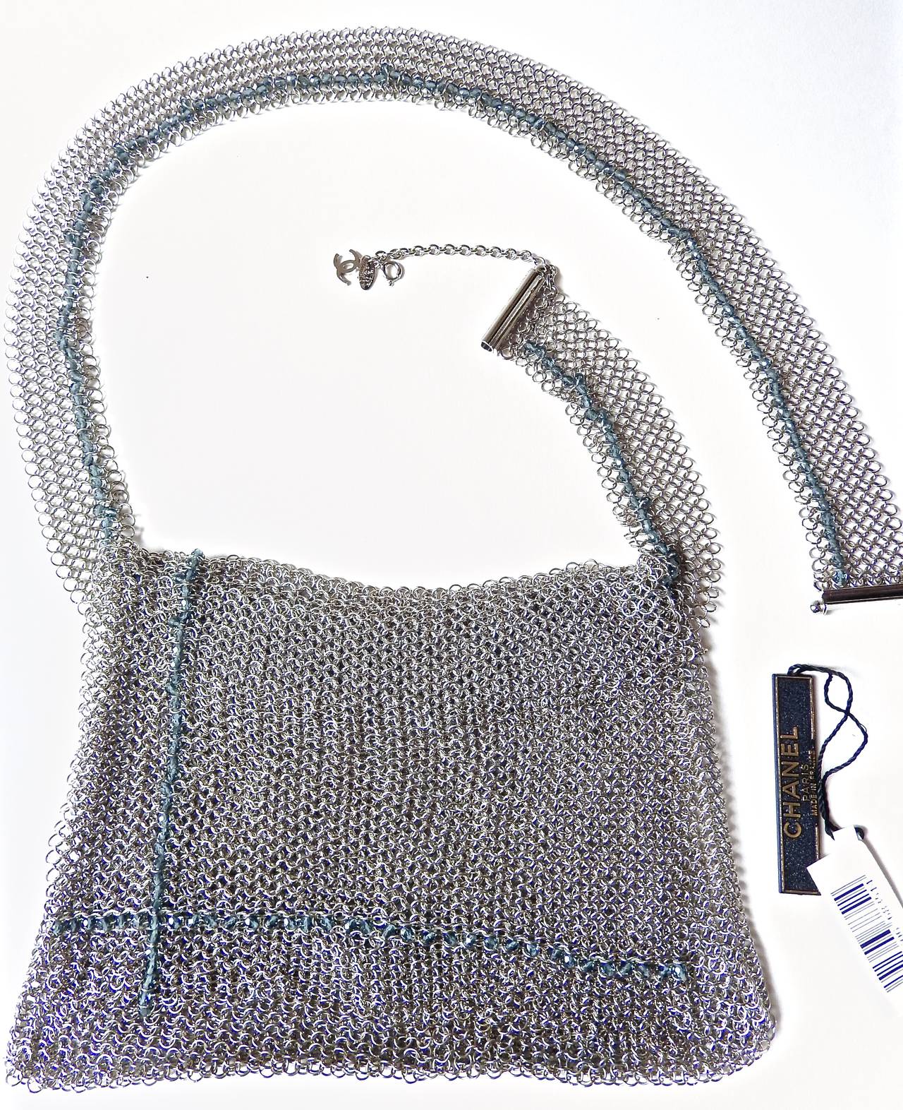 BRAND NEW CHANEL 99P ✿*ﾟRunway Shimmering Silver Mesh Beaded Belt Flap Bag For Sale 5