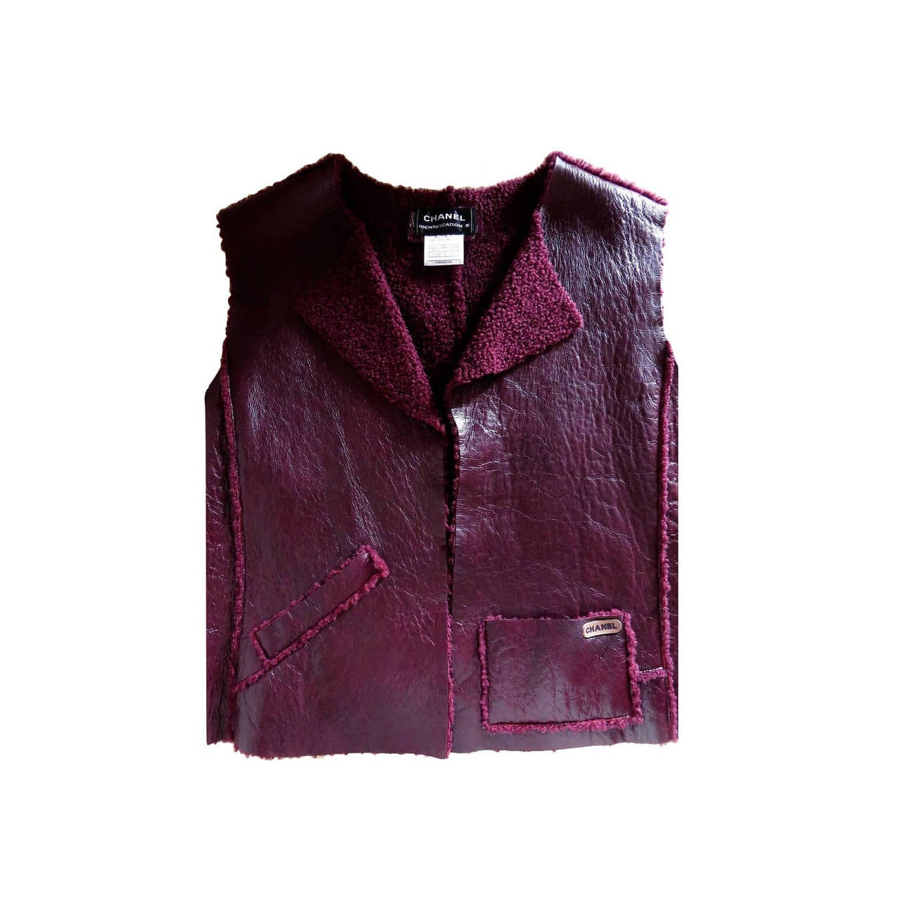 Pristine Chanel Burgundy Coloured Shearling Jacket Top Vest F42, 10, 12 For Sale