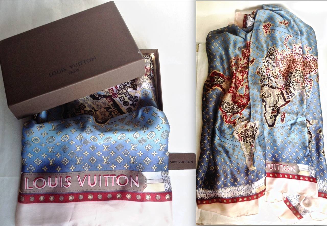 LV LOUIS VUITTON ✿*ﾟOVERSIZED Monogram Luxury Global Map Silk Scarf Wrap  Shawl