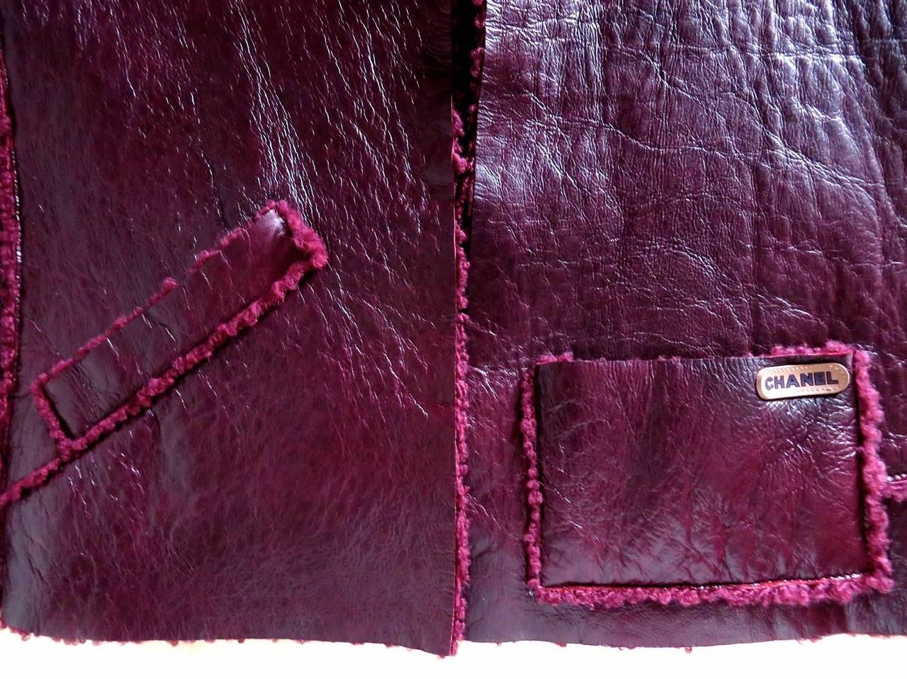 Pristine Chanel Burgundy Coloured Shearling Jacket Top Vest F42, 10, 12 For Sale 3