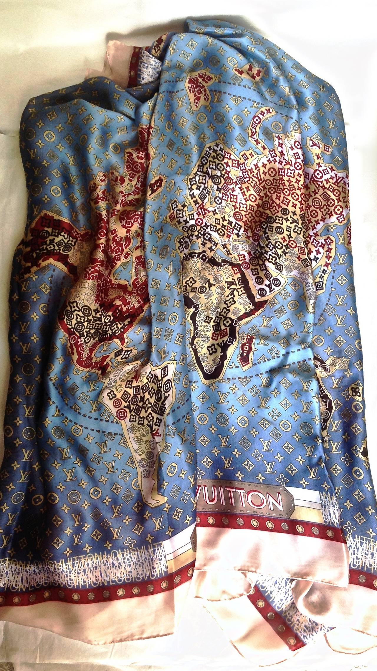 LV LOUIS VUITTON ✿*ﾟOVERSIZED Monogram Luxury Global Map Silk Scarf Wrap  Shawl at 1stDibs