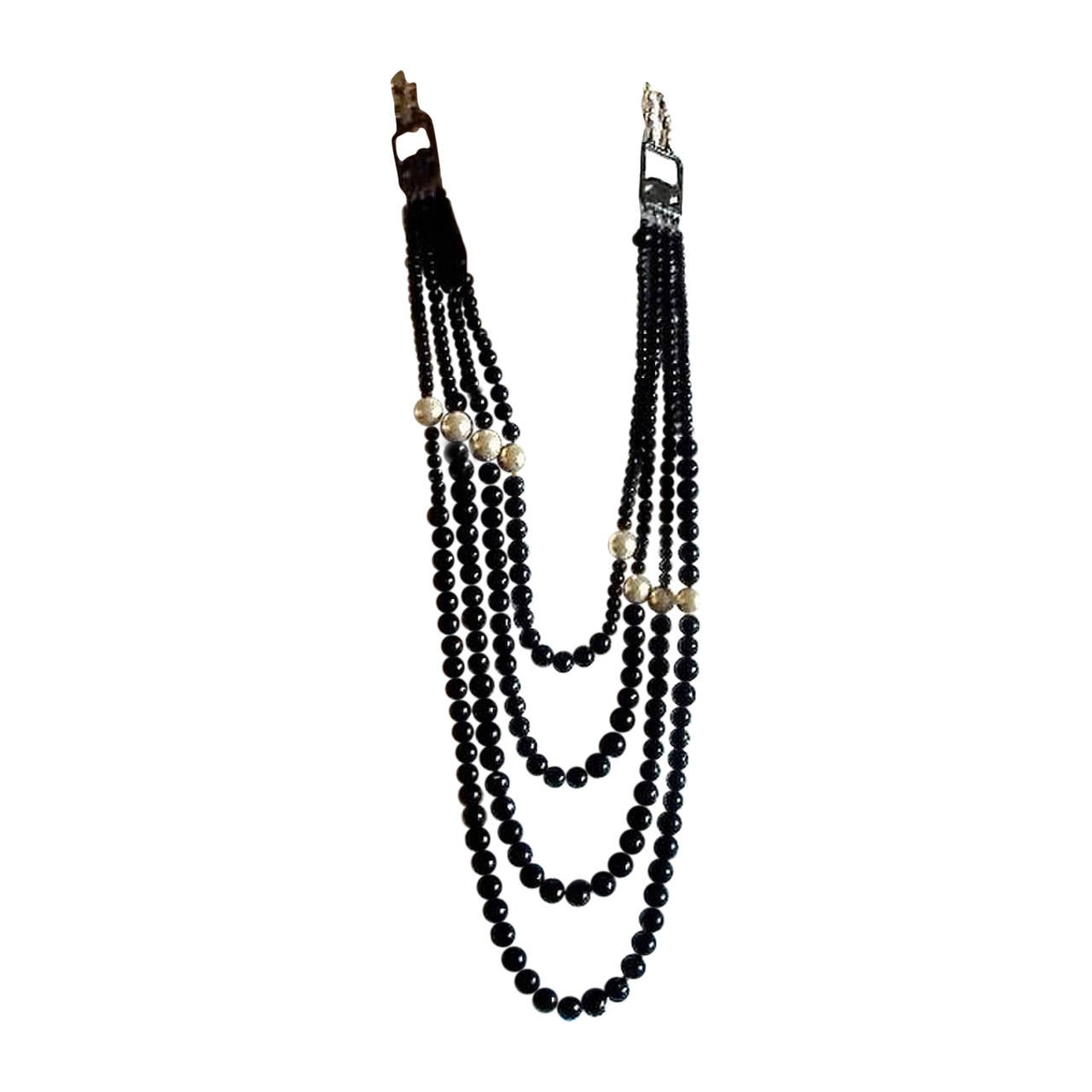 PRISTINE 03P Chanel ✿*ﾟRUNWAY 4 STRANDS 2-WAY Black Glass Pearl Long Necklace For Sale