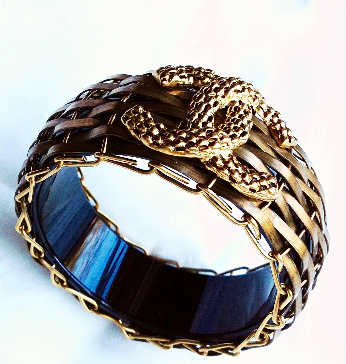 BRAND NEW RARE Chanel ✿*ﾟ BRONZE Metal BAMBOO BASKET Resin Bangle Cuff Bracelet For Sale 4