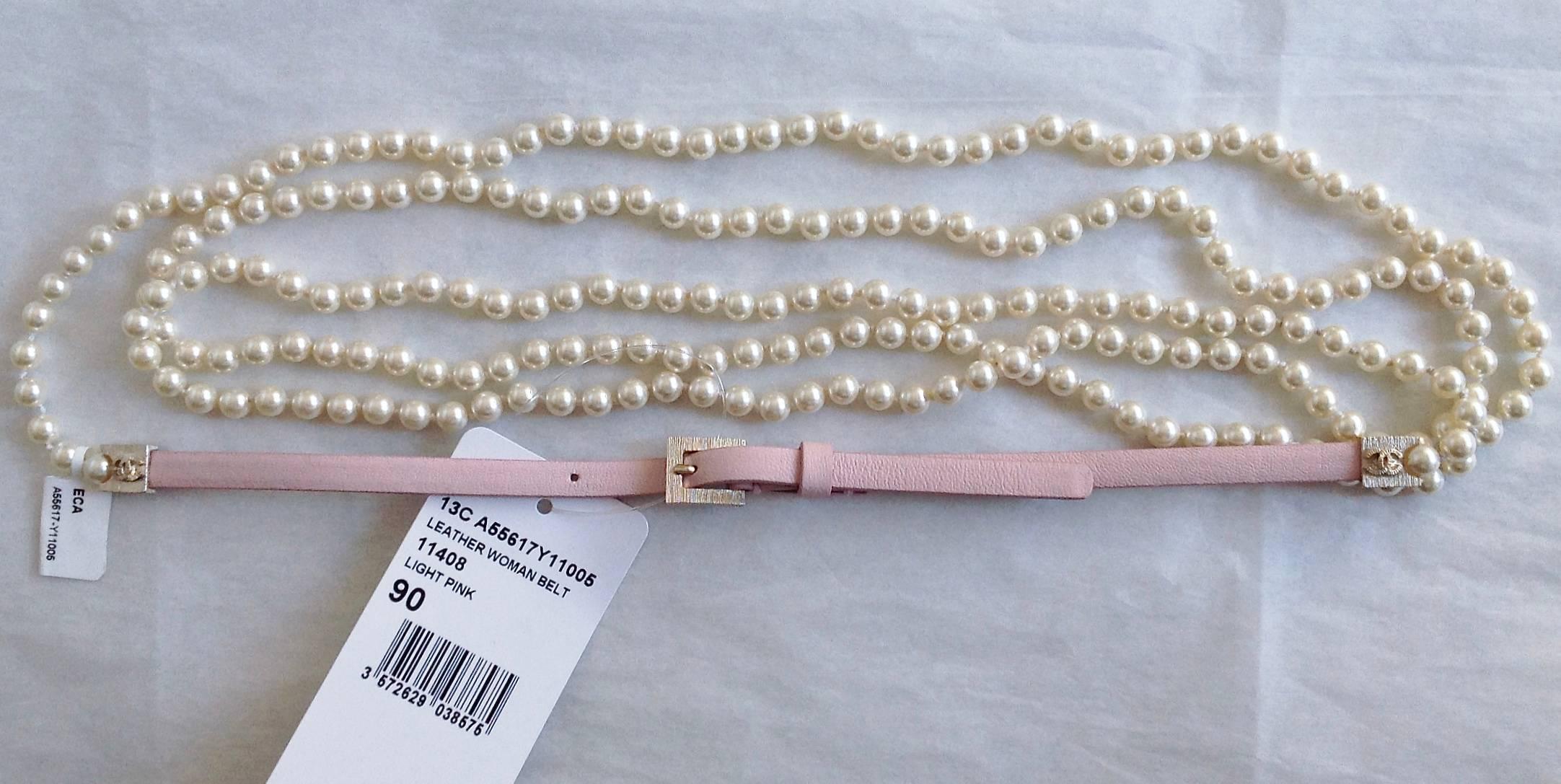 NIB CHANEL ✿*ﾟ13C Gouble Strand Pearl Pink Leather Belt L, 90/36 For Sale 6