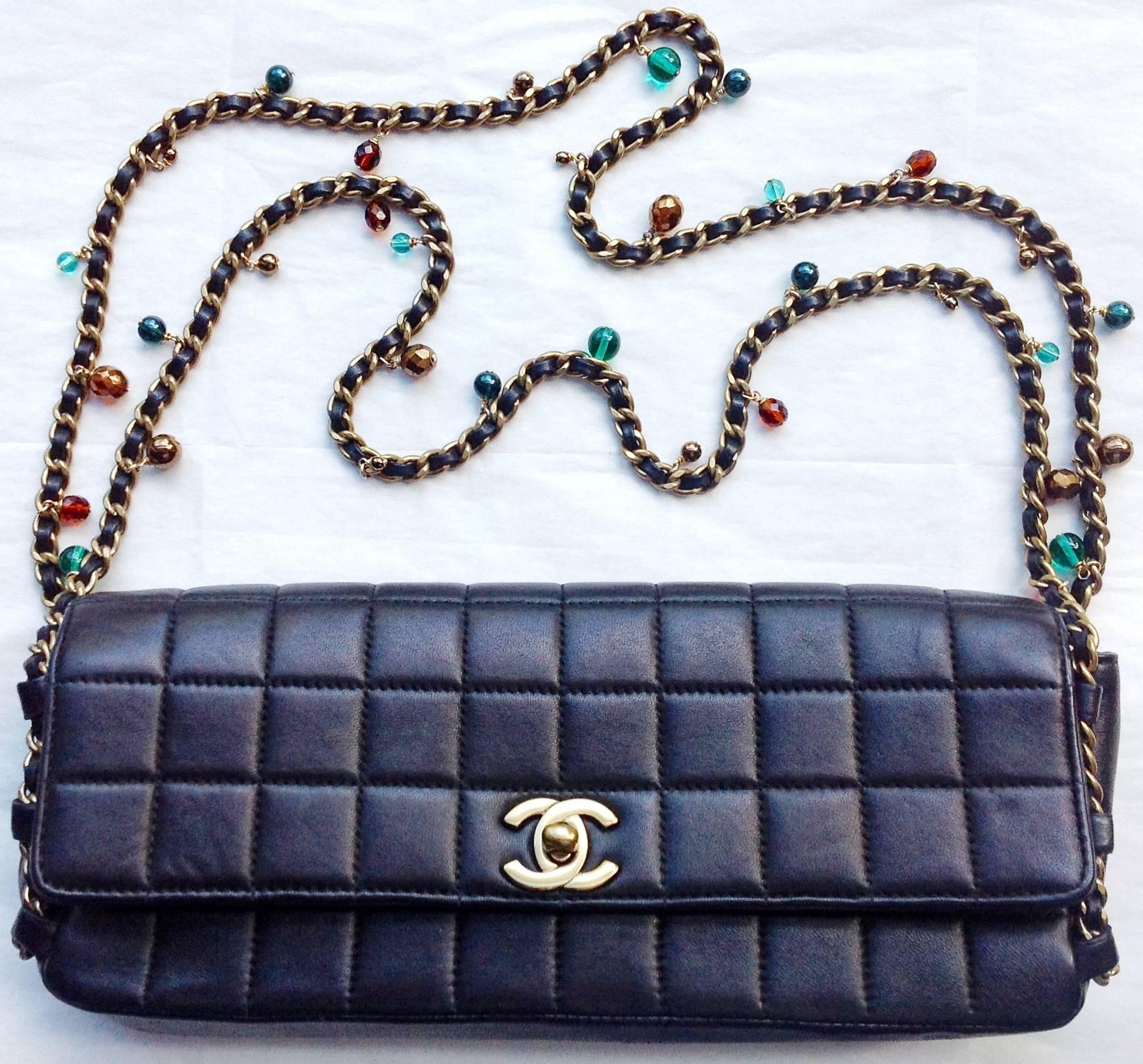 Vintage ✿*ﾟCHANEL BLACK Chain Gripoix Glass Pearl Lambskin Clutch Bag Handbag For Sale 6