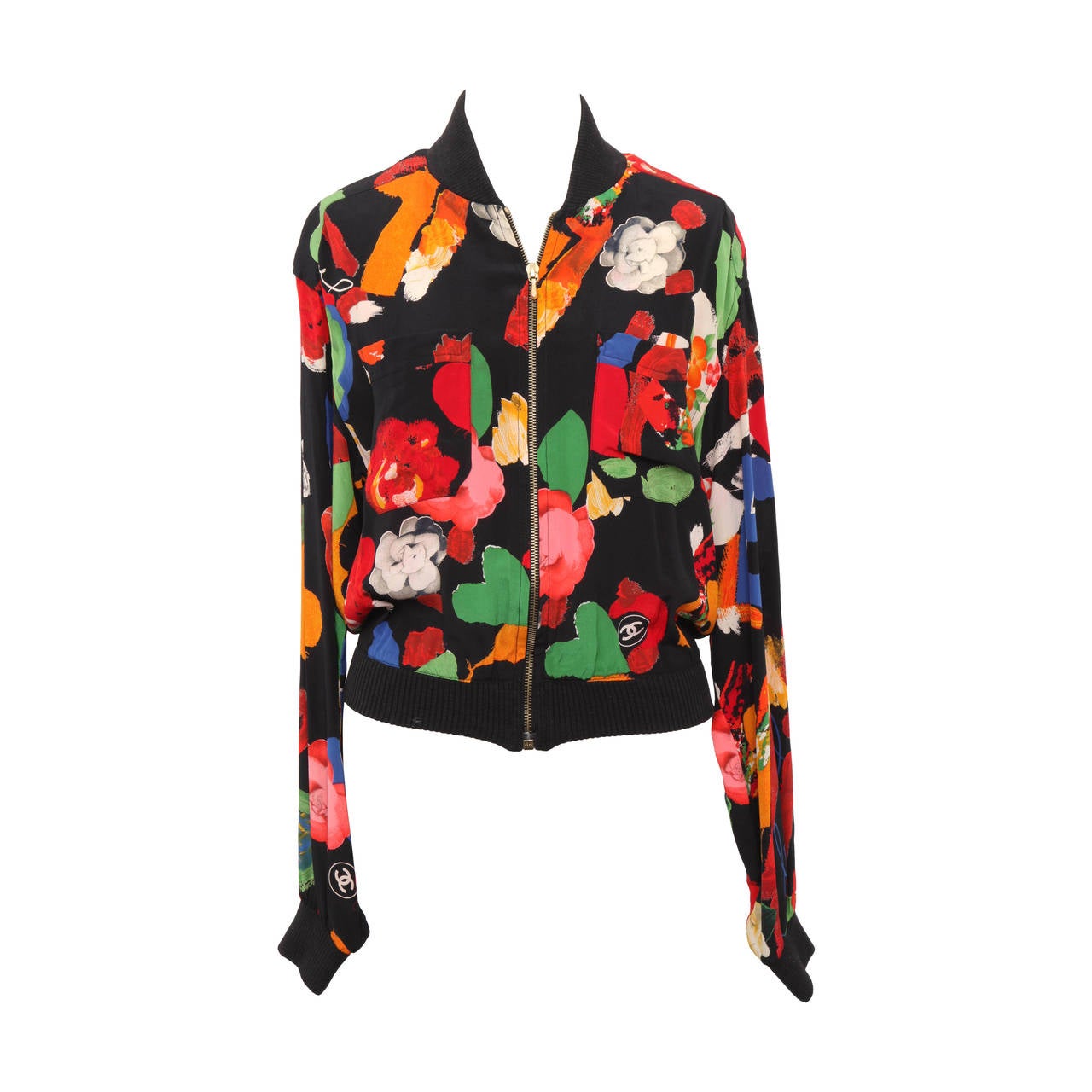 Vintage Chanel Very Rare Flower Print Silk Bomber Jacket