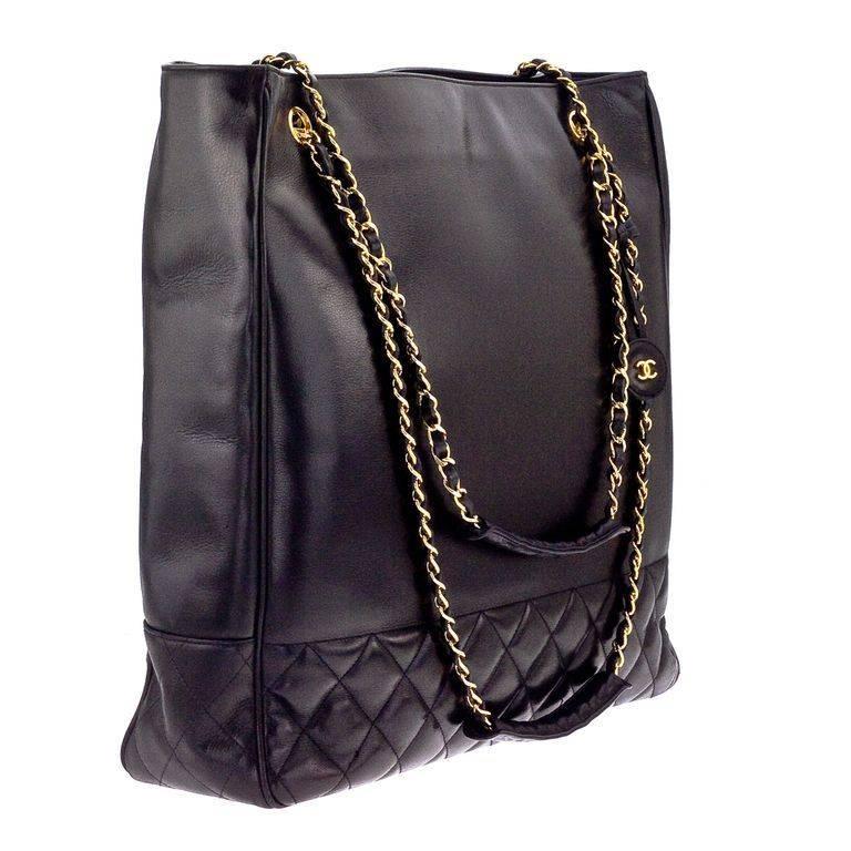Beautiful Chanel black tote bag with quilted details on the bottom.