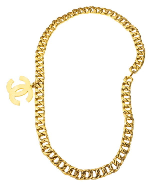 Chanel large CC gold chain necklace/belt.
CC logo charm 2 by 2.5 inches.
As seen on Nicki Minaj.