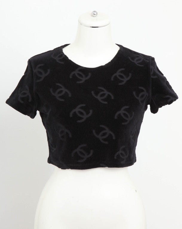 Very rare Chanel velour cropped top with CC logos from 1996 Spring collection. Color is Black. Size 40, fits 36-40