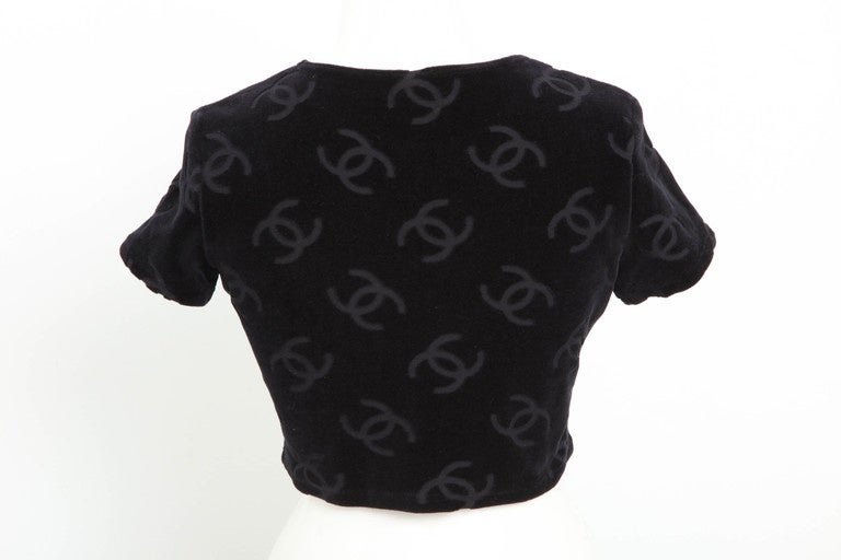 Rare Chanel 1996 CC Velour Cropped Top T-shirt Black at 1stDibs