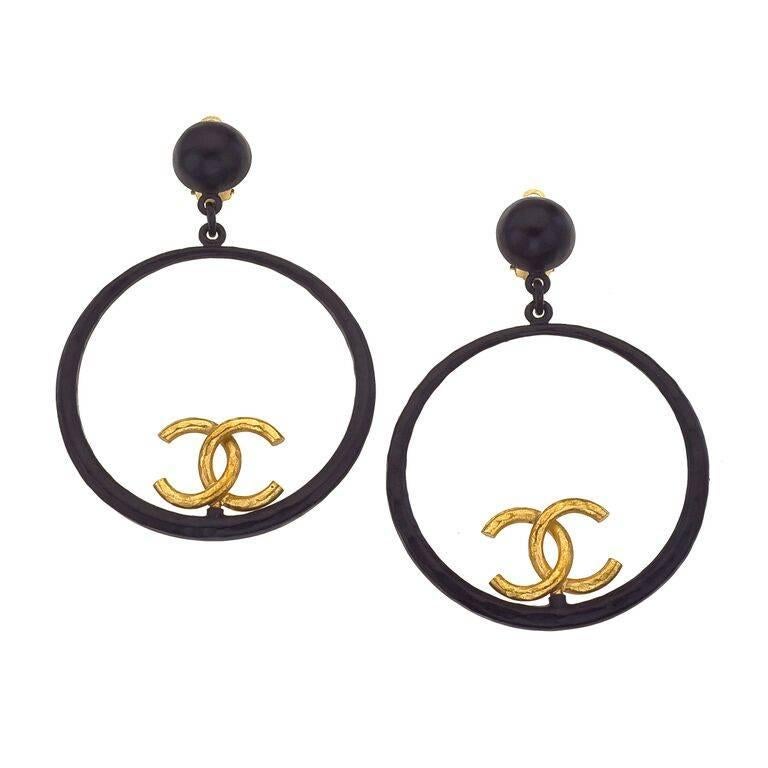 Chanel Large Black and Gold Hoop Earrings