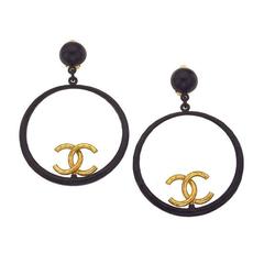 Chanel Large Black and Gold Hoop Earrings