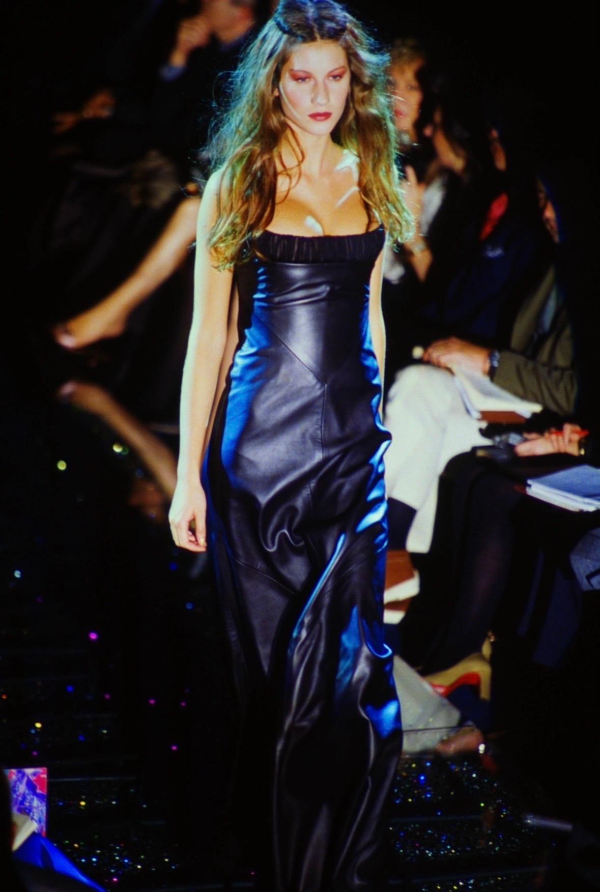 F/W 1998 Gianni Versace by Donatella Runway Black Leather Rhinestone Maxi Dress For Sale 5