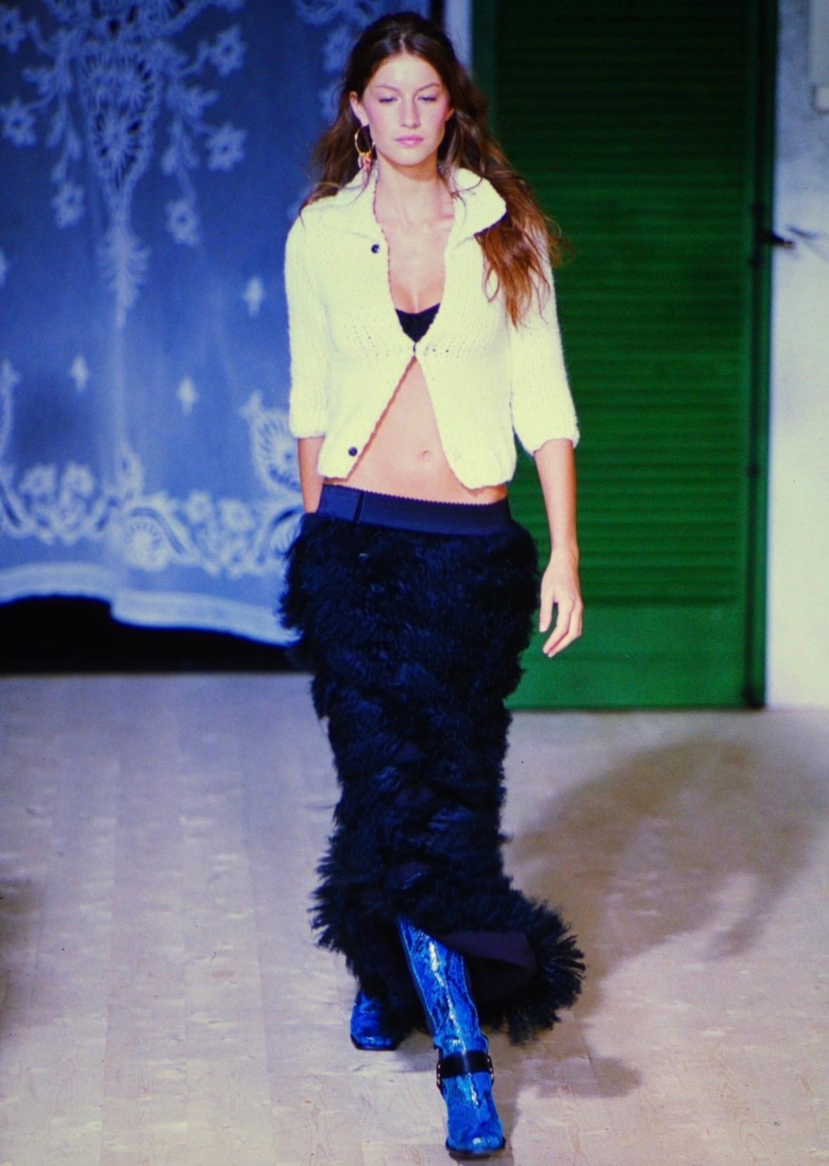 Women's F/W 1999 Dolce & Gabbana Runway Mongolian Lamb Tiered Fur Sheer Black Skirt For Sale