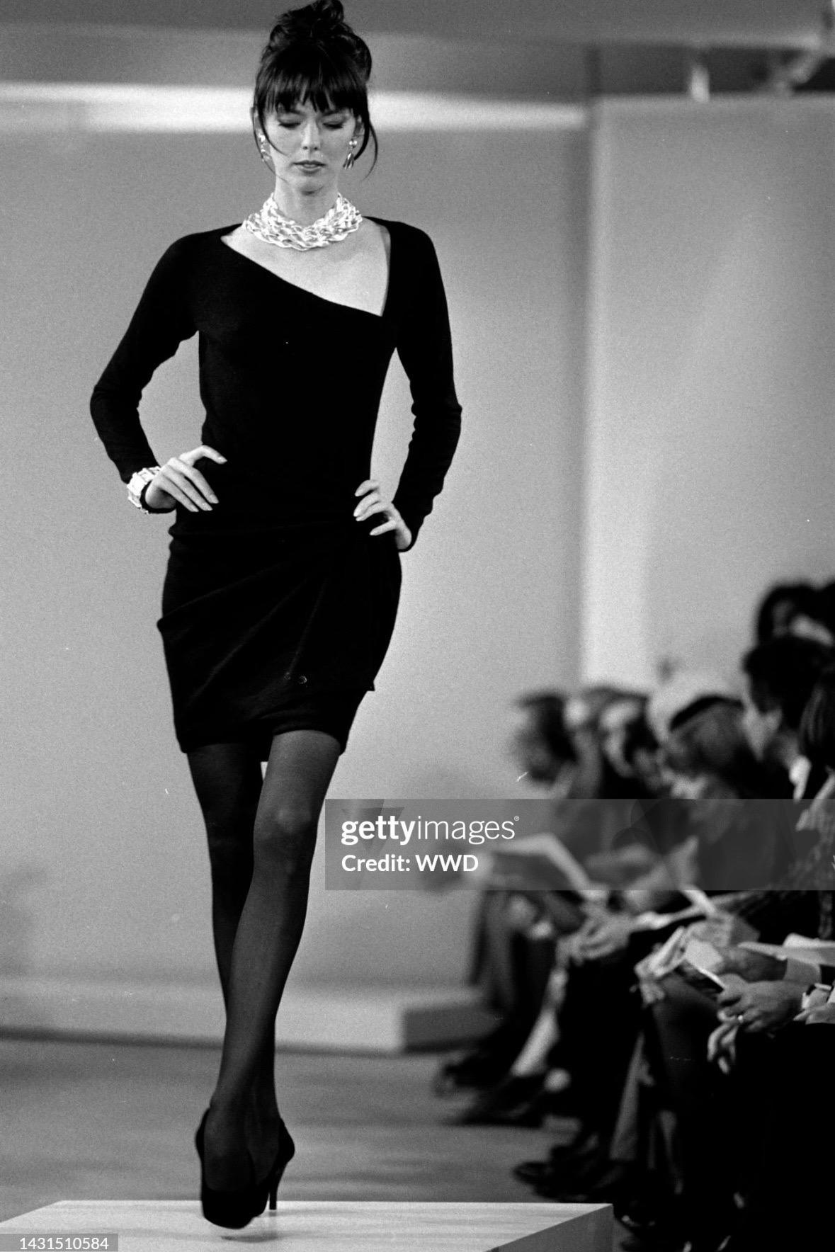 F/W 1990 Donna Karan Runway Asymmetric Black Wrap Wool Jersey Midi Dress In Good Condition For Sale In West Hollywood, CA