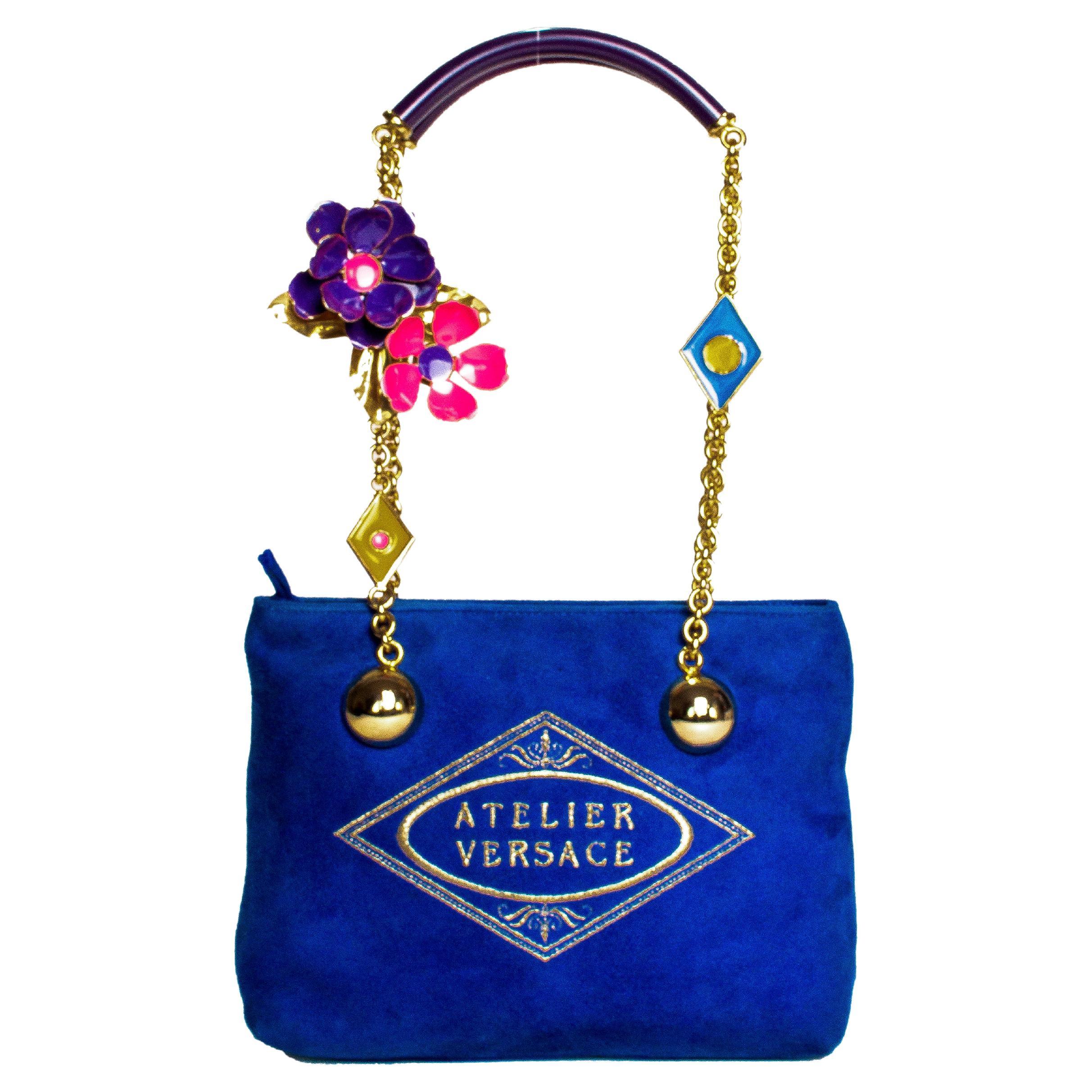 S/S 1991 Gianni Versace Blue Velvet Bag with Enamel Flower Chain Atelier Versace For Sale