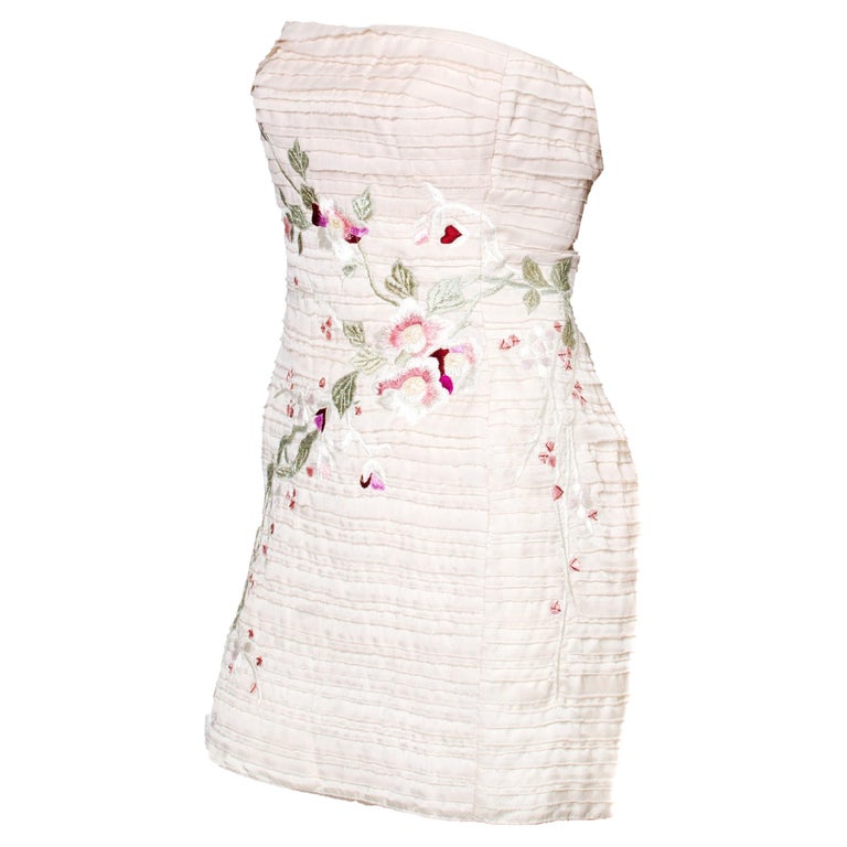 Beige S/S 2003 Gucci by Tom Ford Embroidered Silk Mini Dress Cherry Blossom Floral  For Sale