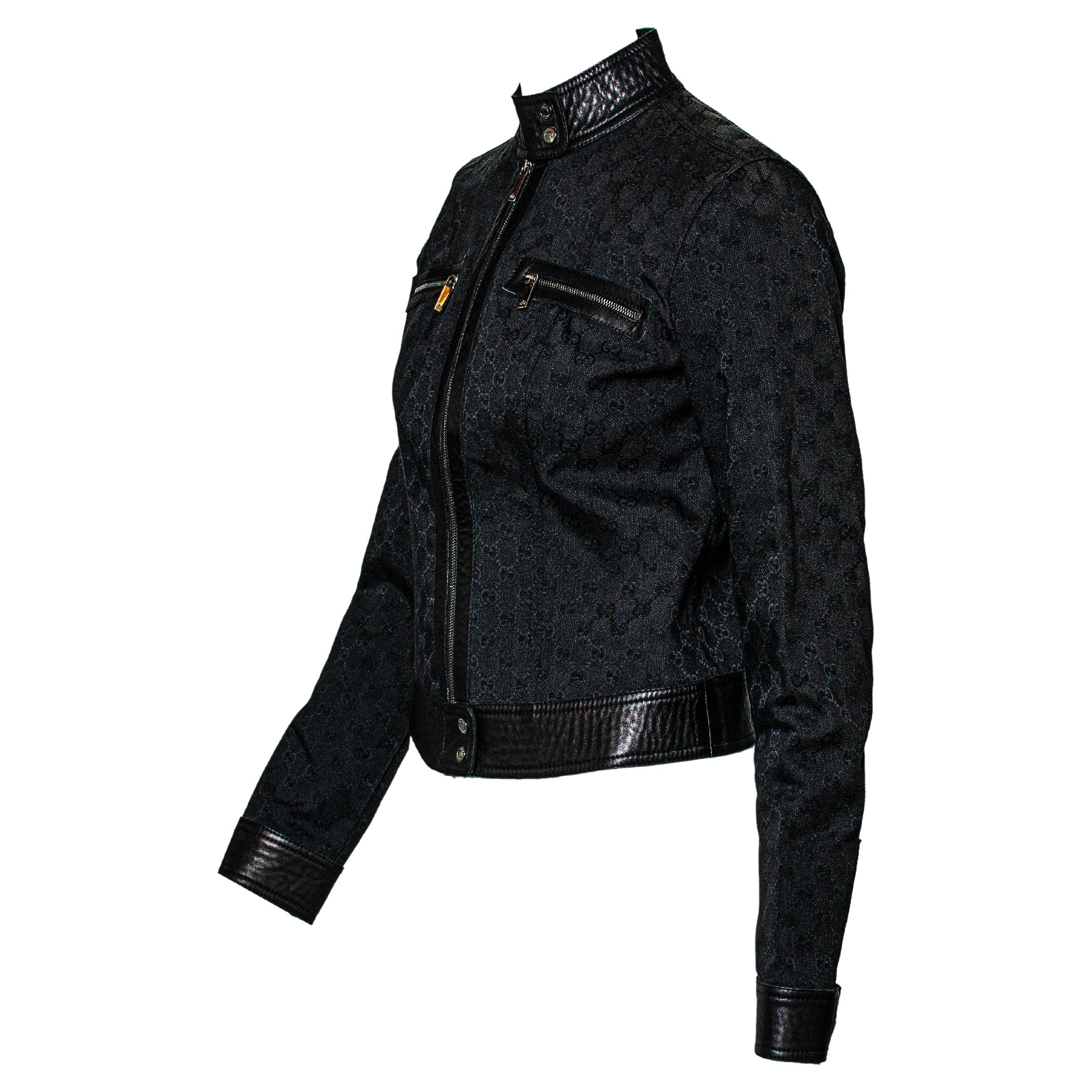 Noir Gucci by Tom Ford, veste de moto vintage noire GG Monogram en denim et cuir, A/H 2000 en vente