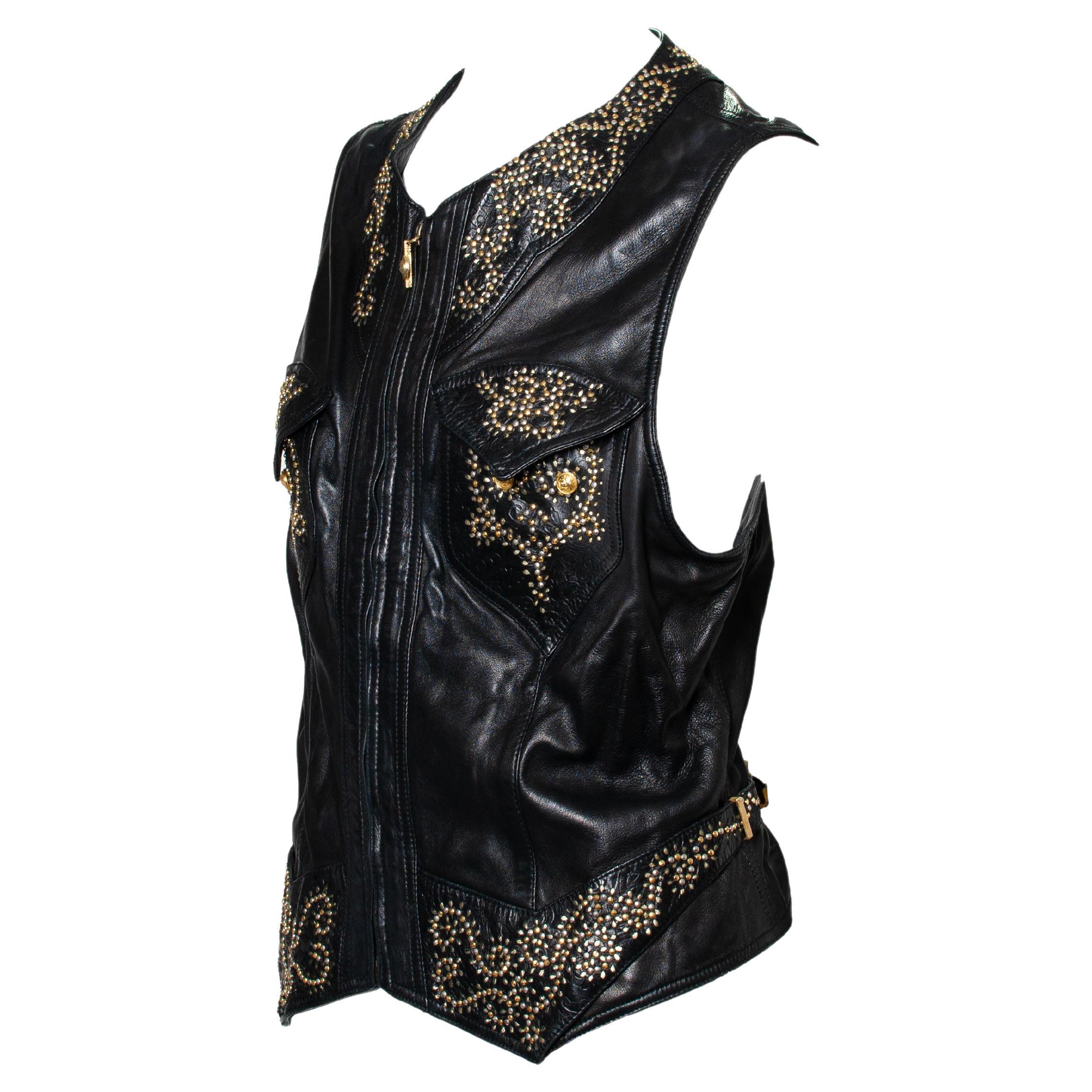 Black F/W 1992 Gianni Versace 'Miss S&M' Studded Leather Vest Medusa Accents For Sale