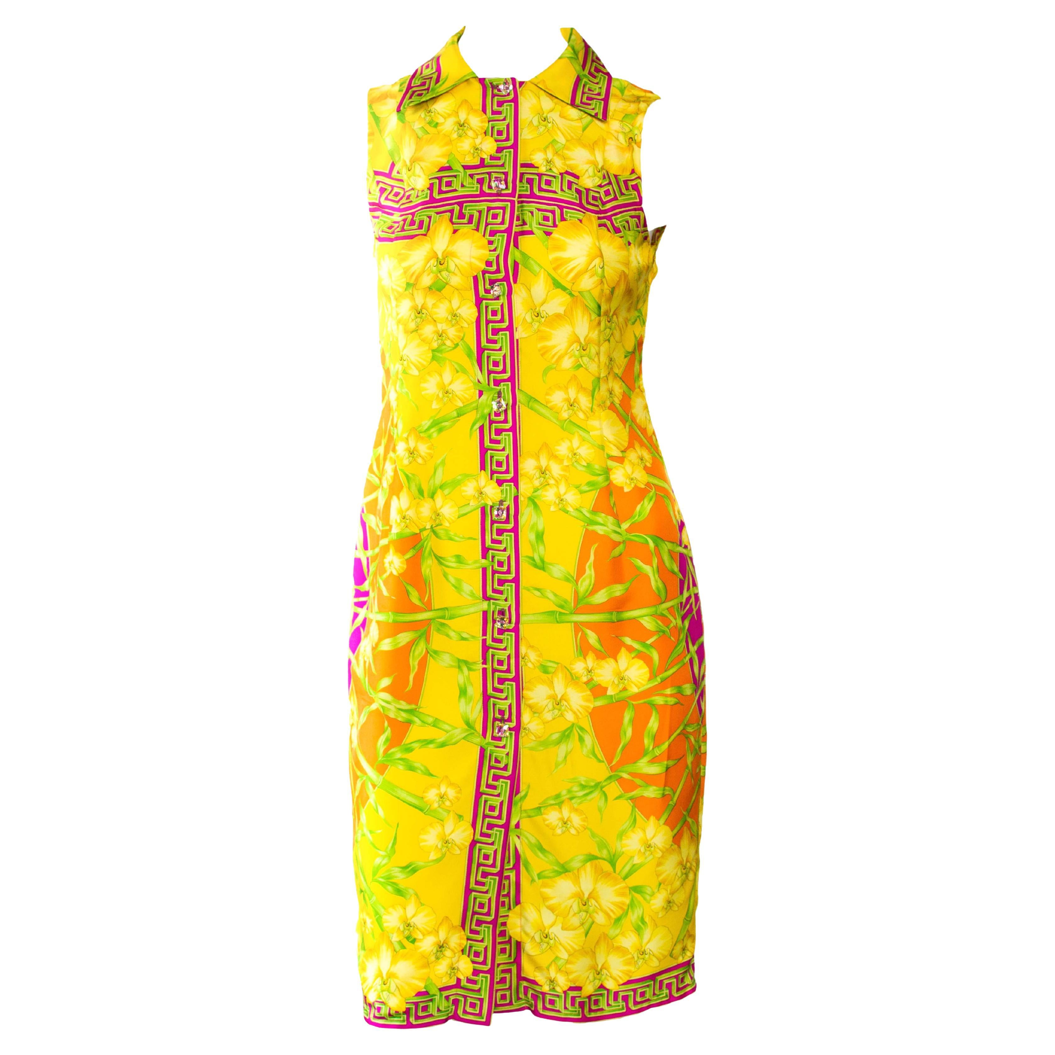 S/S 2000 Gianni Versace Silk Bamboo & Orchid Jungle Sleeveless Dress Donatella For Sale