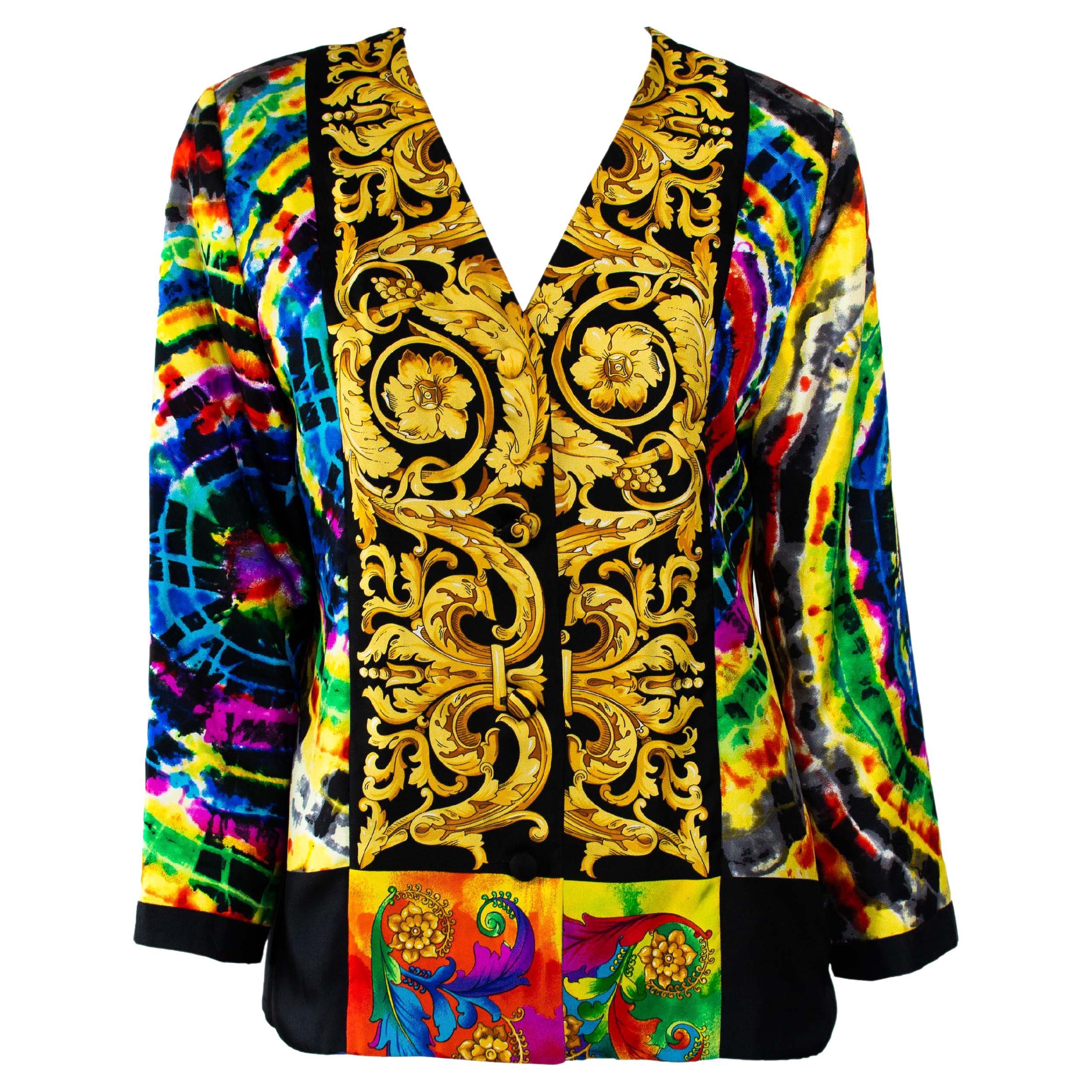 Early 90s Atelier Versace Tie Dye Baroque Silk Evening Jacket by Gianni Versace For Sale