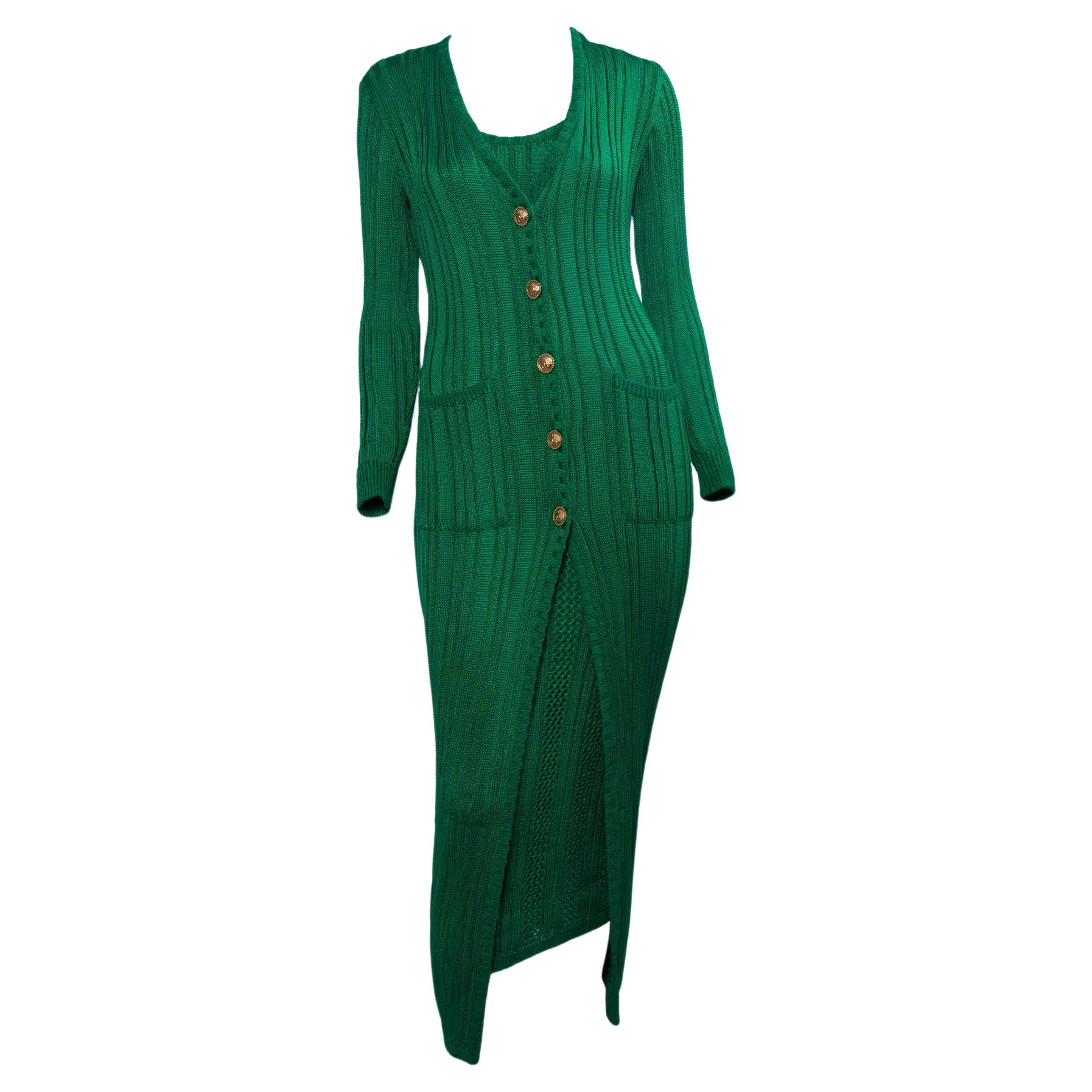 F/W 1993 Gianni Versace Couture Green Knit Dress + Medusa Button Cardigan Set For Sale