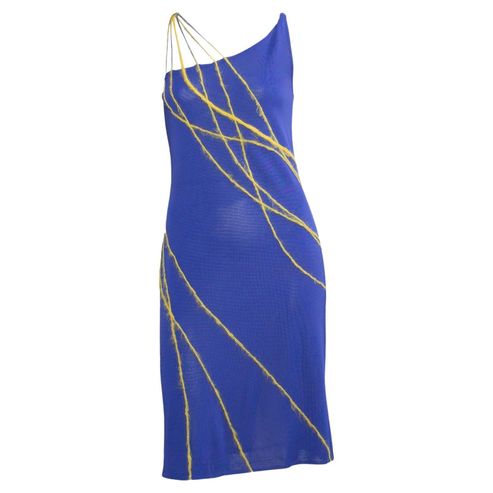 S/S 1998 Gianni Versace by Donatella Runway Ad Blue Yellow Asymmetric Knit Dress