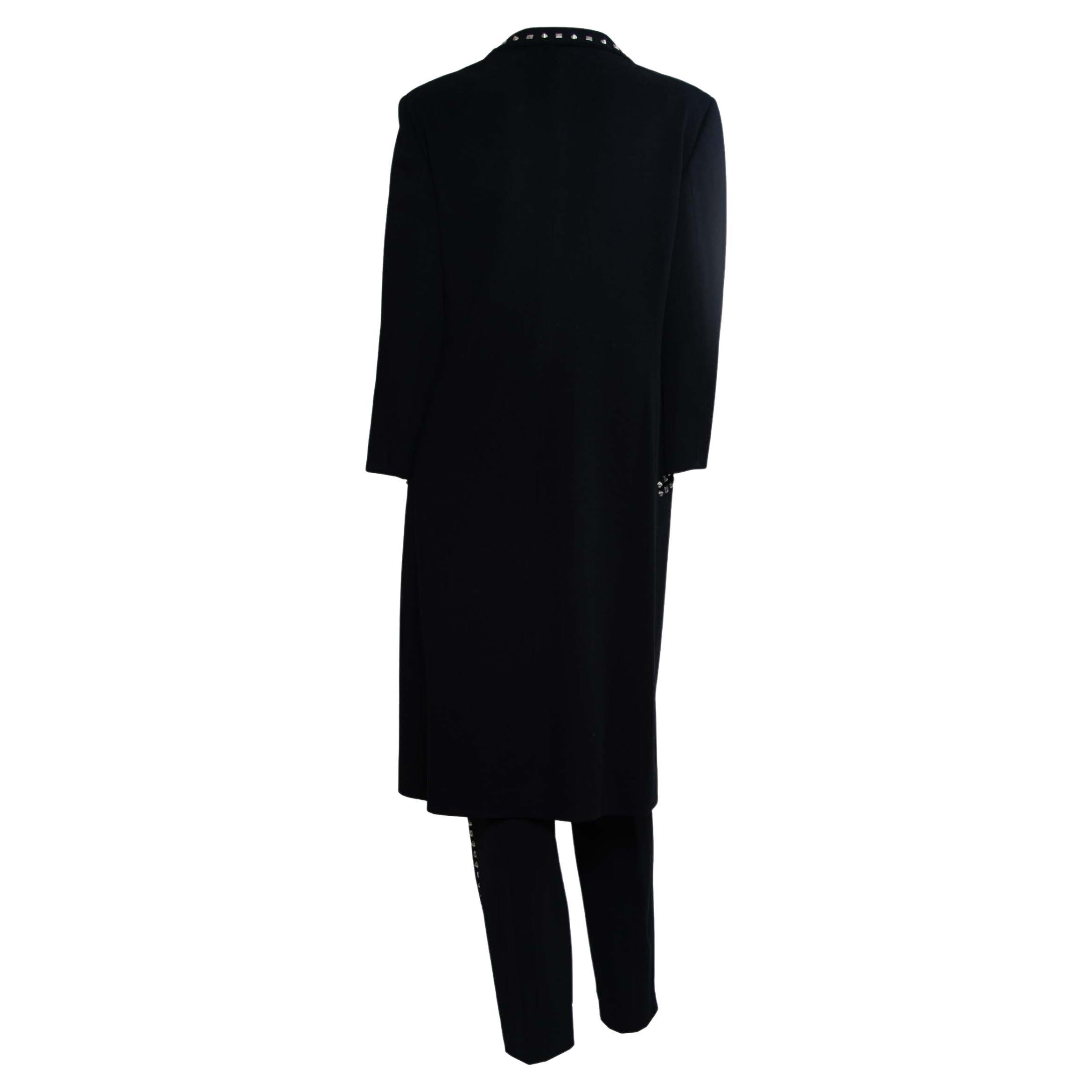 Black F/W 1998 Gianni Versace by Donatella Studded Wool Overcoat & Pant Set 