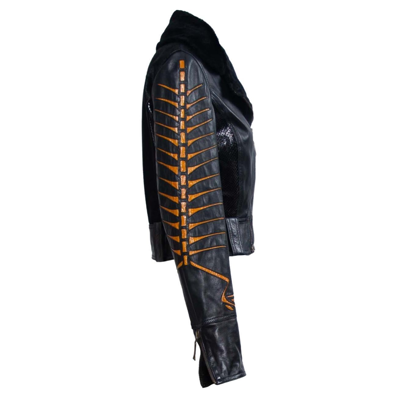 Black F/W 2000 Roberto Cavalli Python Leather Fur Biker Jacket Python Accents Vintage For Sale