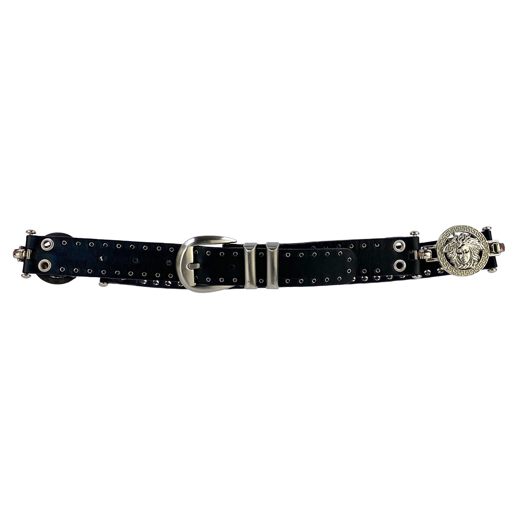 S/S 1994 Gianni Versace Medusa Medallion Black Leather Grommet Belt For Sale