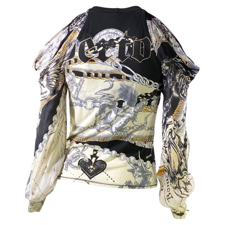 Beige 2003 Roberto Cavalli White Stretch Astrology Print Open Shoulder Top For Sale