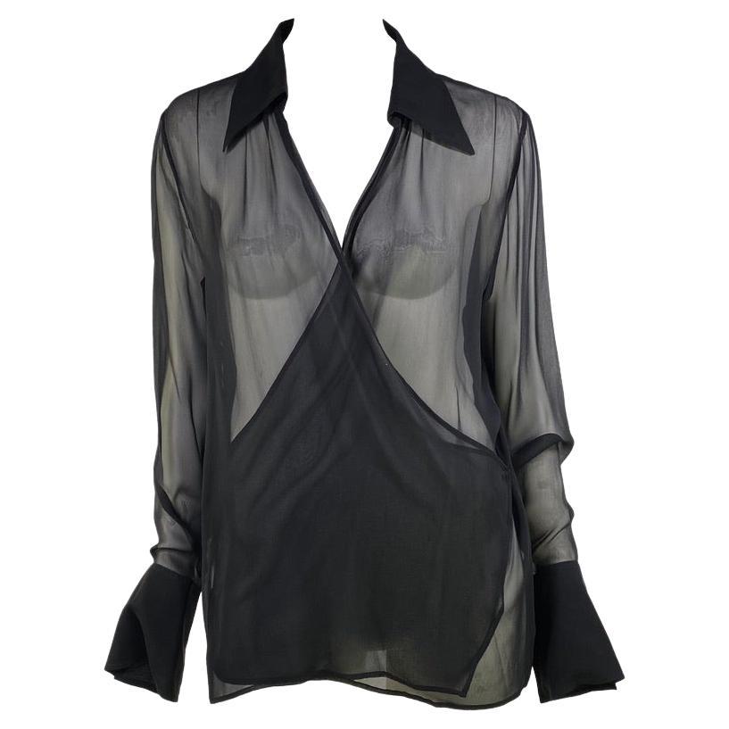 Late 1990s Gucci by Tom Ford Black Sheer Plunge Collared Oversized Tunic Blouse For Sale