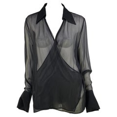 Retro Late 1990s Gucci by Tom Ford Black Sheer Plunge Collared Oversized Tunic Blouse