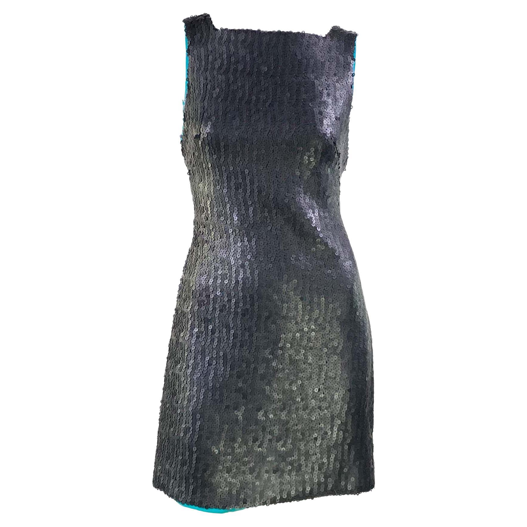 F/W 1999 Gianni Versace by Donatella Matte Sequin Tunic Dress Teal Lining For Sale 1