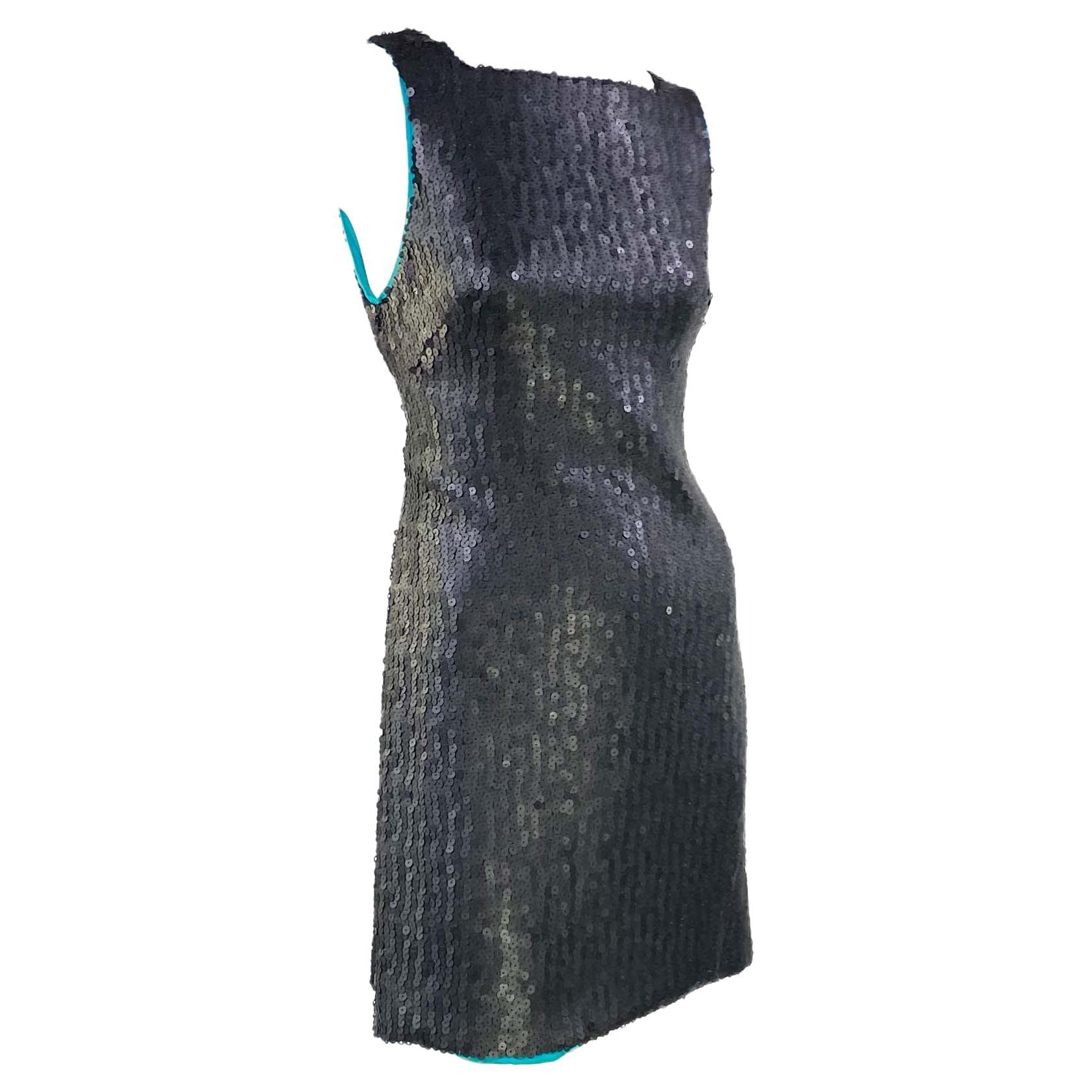 Women's F/W 1999 Gianni Versace by Donatella Matte Sequin Tunic Dress Teal Lining For Sale