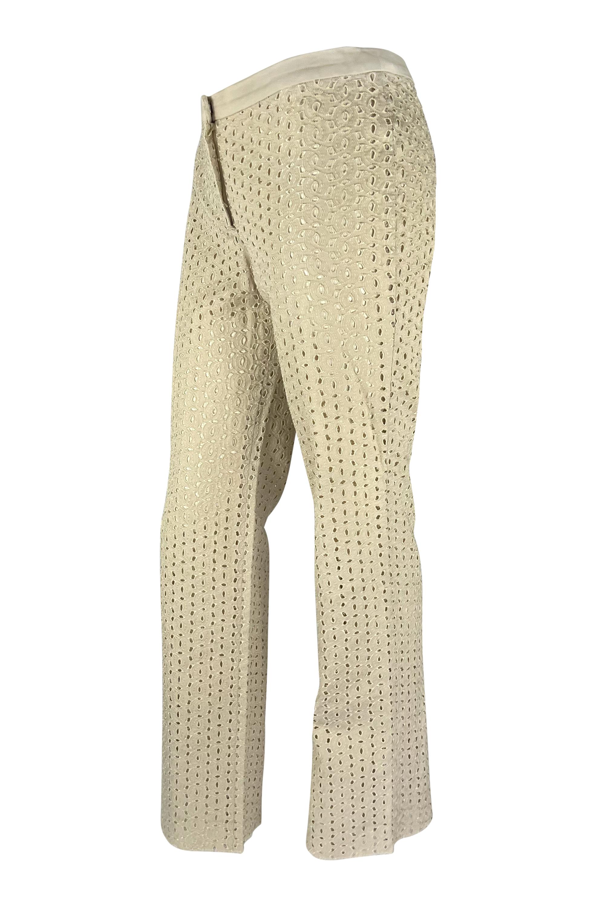Beige S.S. 2002 Donatella Versace for Gianni Versace Pantaloni Off-White con Broderie Anglaise trasparente in vendita
