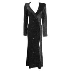 F/W 1998 Christian Lacroix Black Glitter Starry Asymmetric High Slit Gown FR38